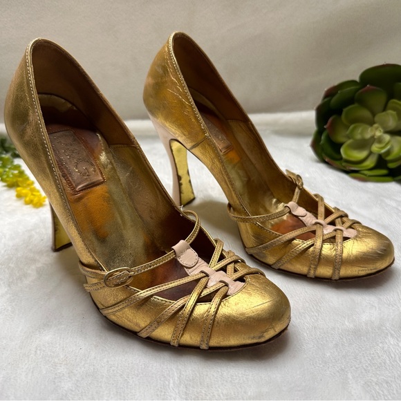 Vintage Y2K Dolce & Gabbana Strappy Round Toe Metallic Gold Heels US 8 - Picture 1 of 16